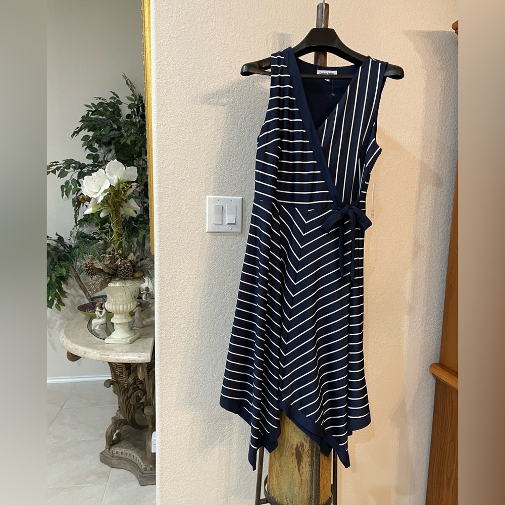🦋 NWT Shelby & Palmer Navy Striped Sleeveless Dress –SZ 12 faux wrap bodice
